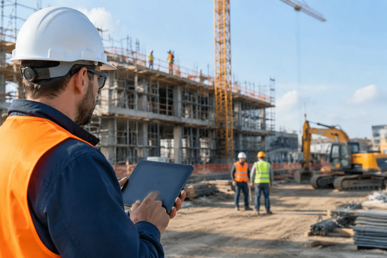 Ingénieur casqué consultant une tablette sur chantier de construction