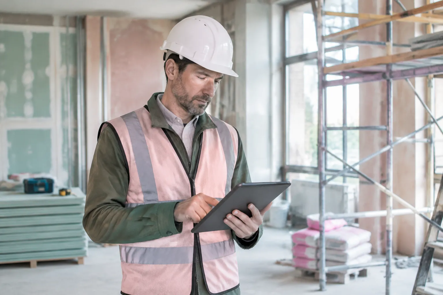 Conducteur de travaux en casque inspectant une tablette sur chantier