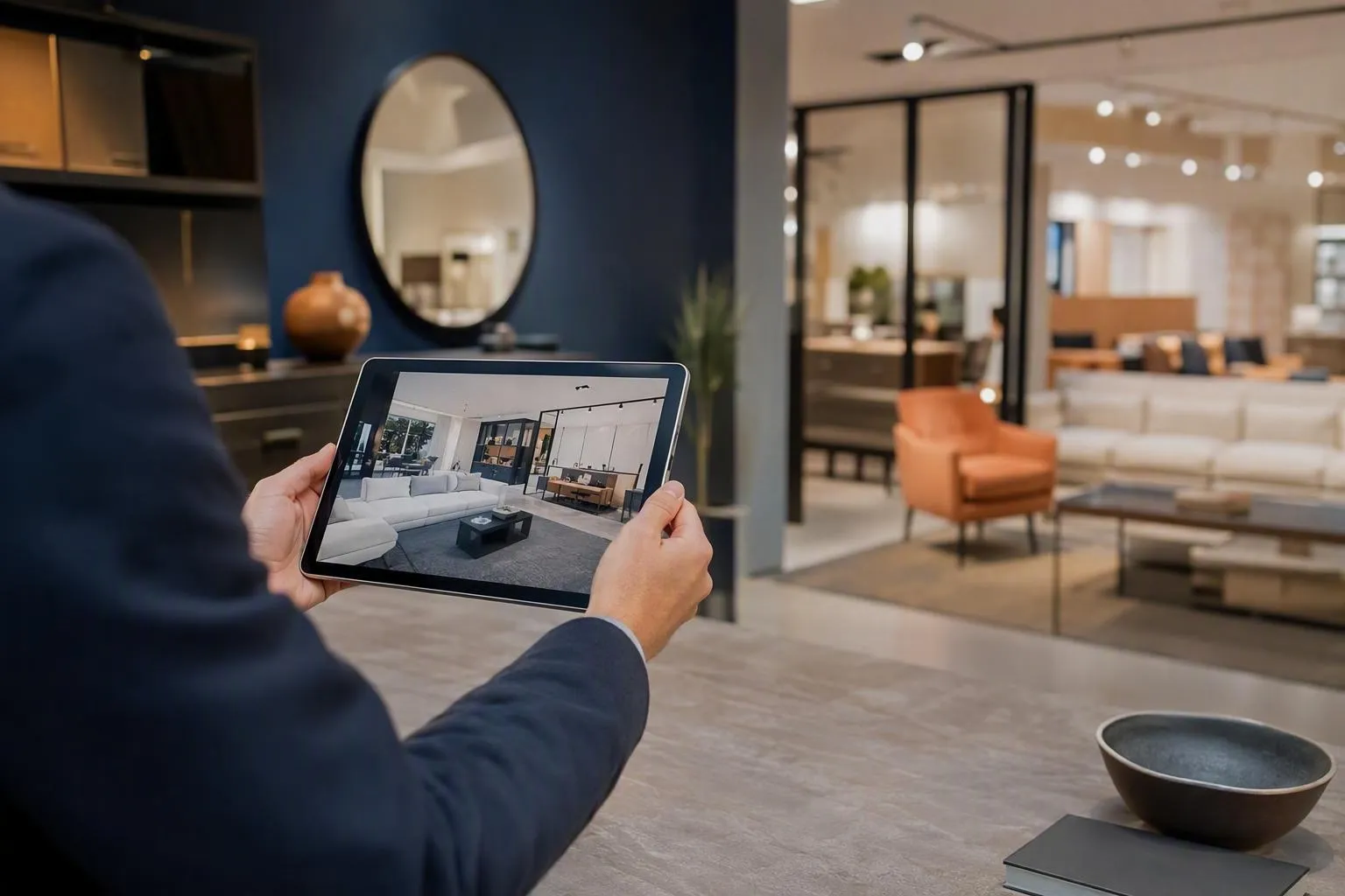 Homme en costume examinant un aménagement intérieur sur une tablette numérique.