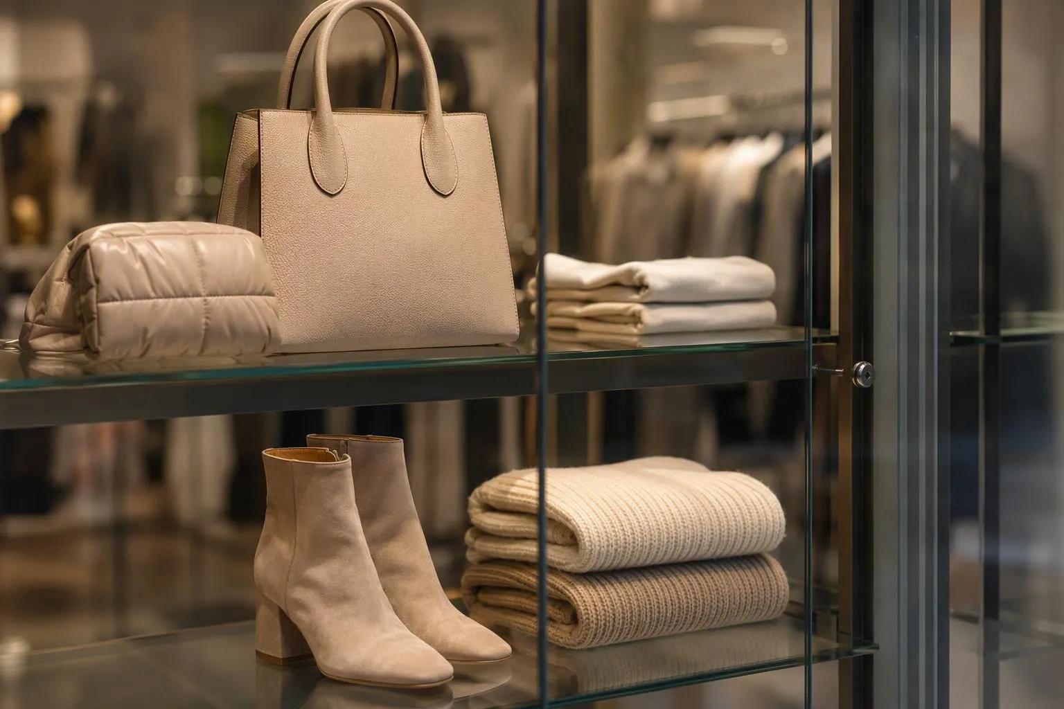 Sac à main beige, bottes beiges, vêtements pliés sur étagère.
