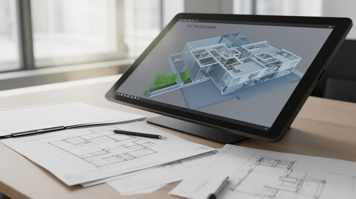 Maquette 3D d'un bâtiment sur un écran d'ordinateur avec des plans architecturaux.