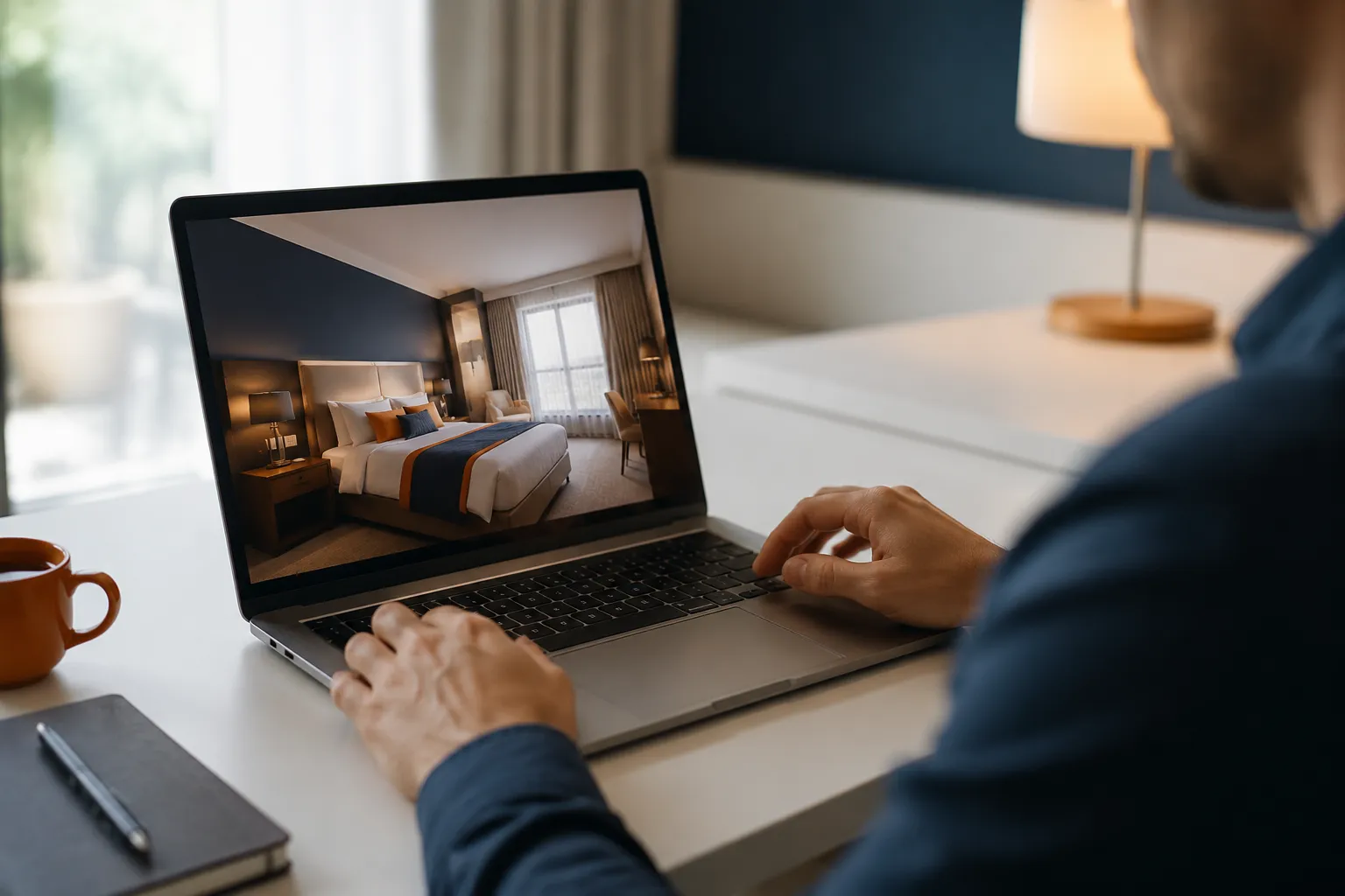 Homme utilisant un ordinateur portable pour visualiser une chambre d'hôtel.