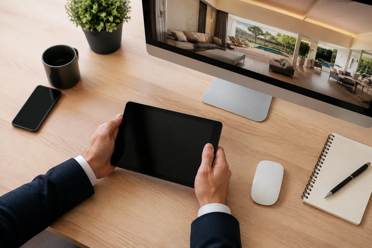 Bureau de travail avec ordinateur, tablette et accessoires.
