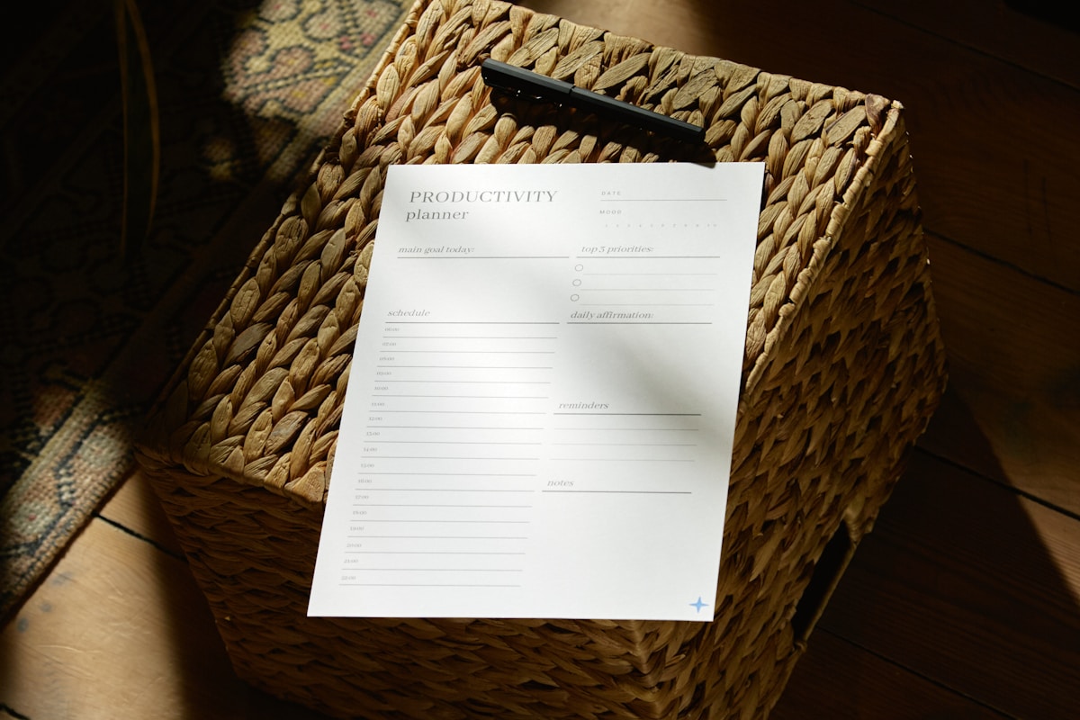 Cahier de productivité posé sur un panier tressé en osier.