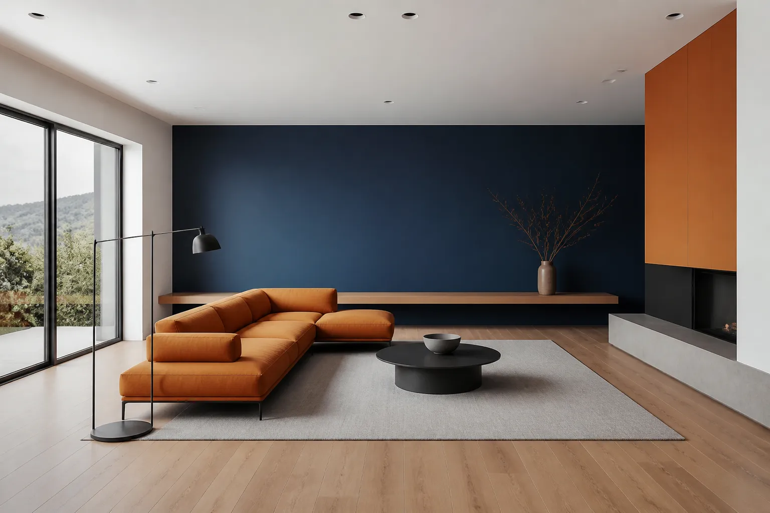 Salon moderne avec canapé orange, table basse noire et mur bleu foncé.