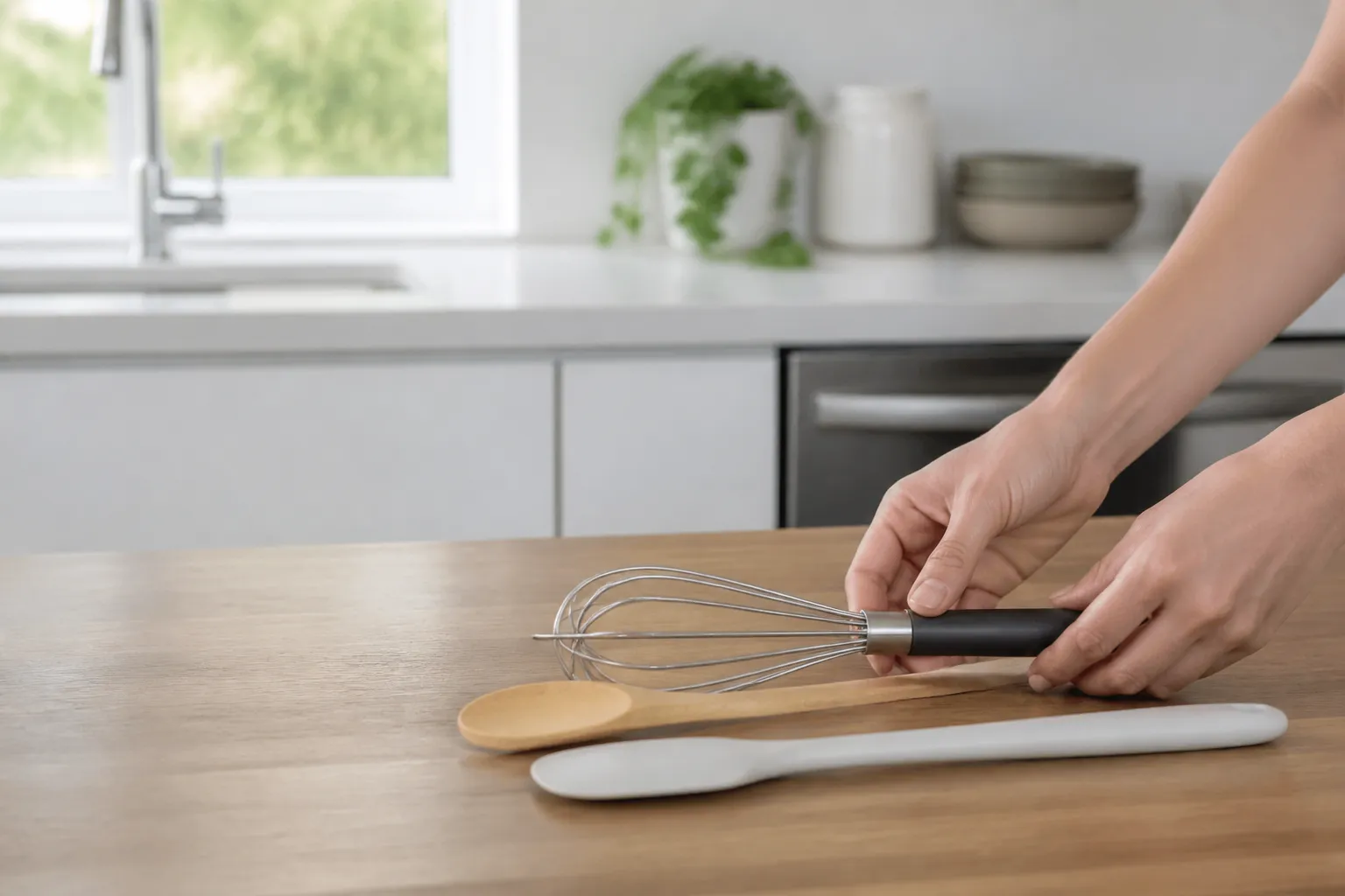 Ustensiles de cuisine sur un plan de travail dans une cuisine moderne.