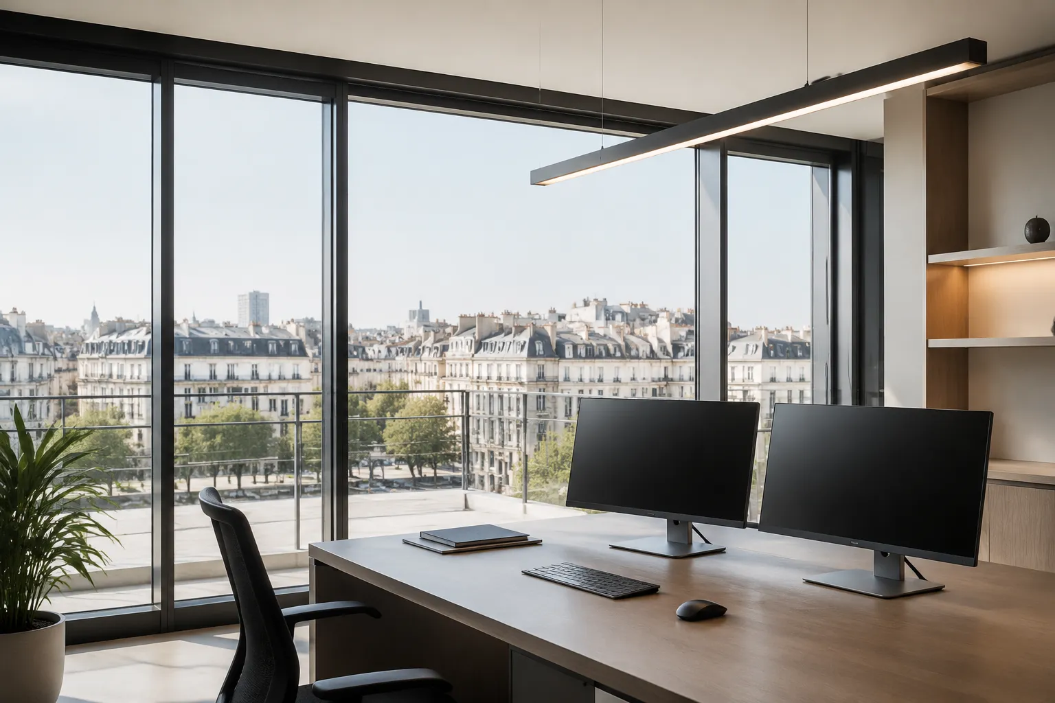 Bureau moderne avec vue panoramique sur Paris.