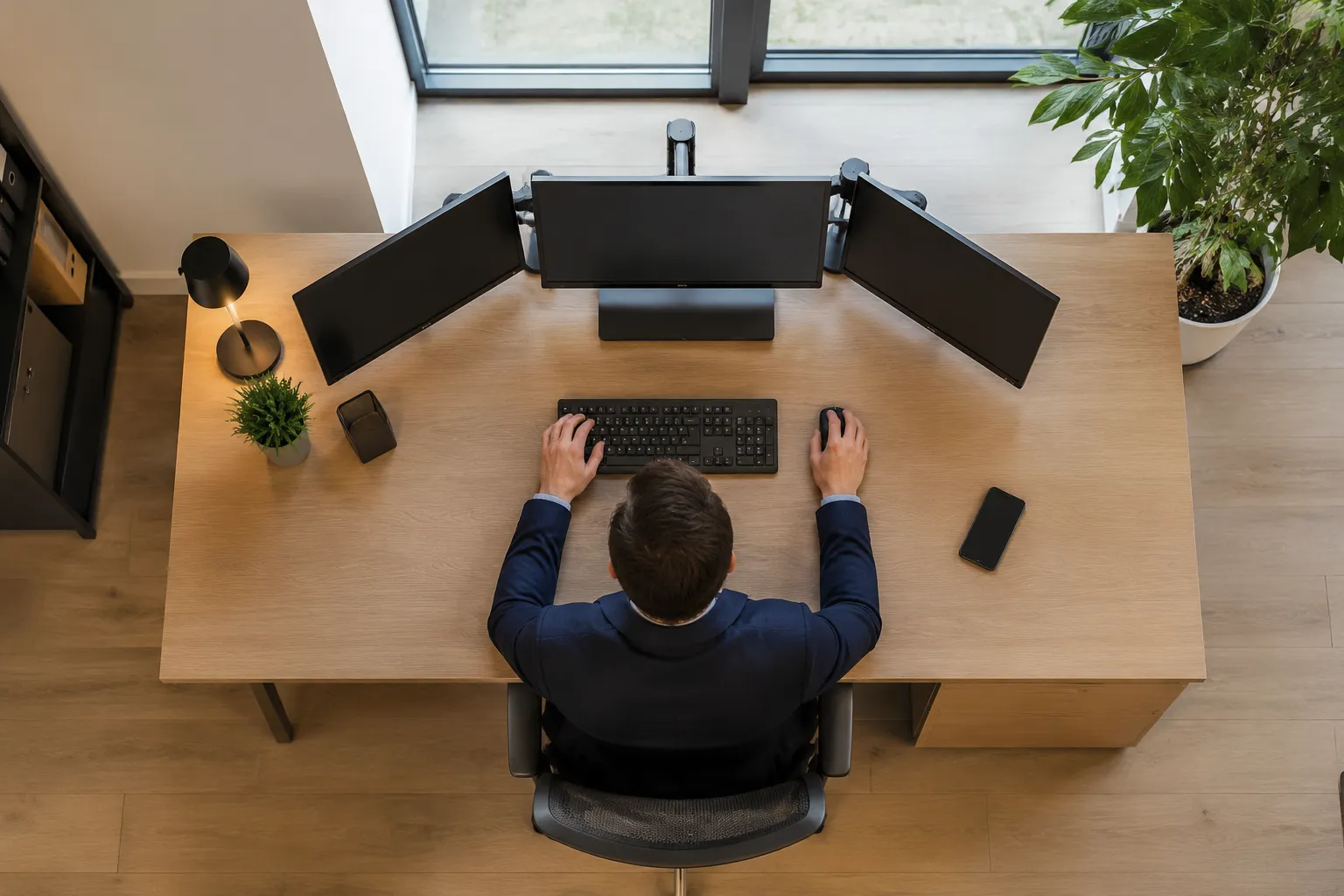 Homme travaillant sur un ordinateur dans un bureau moderne.