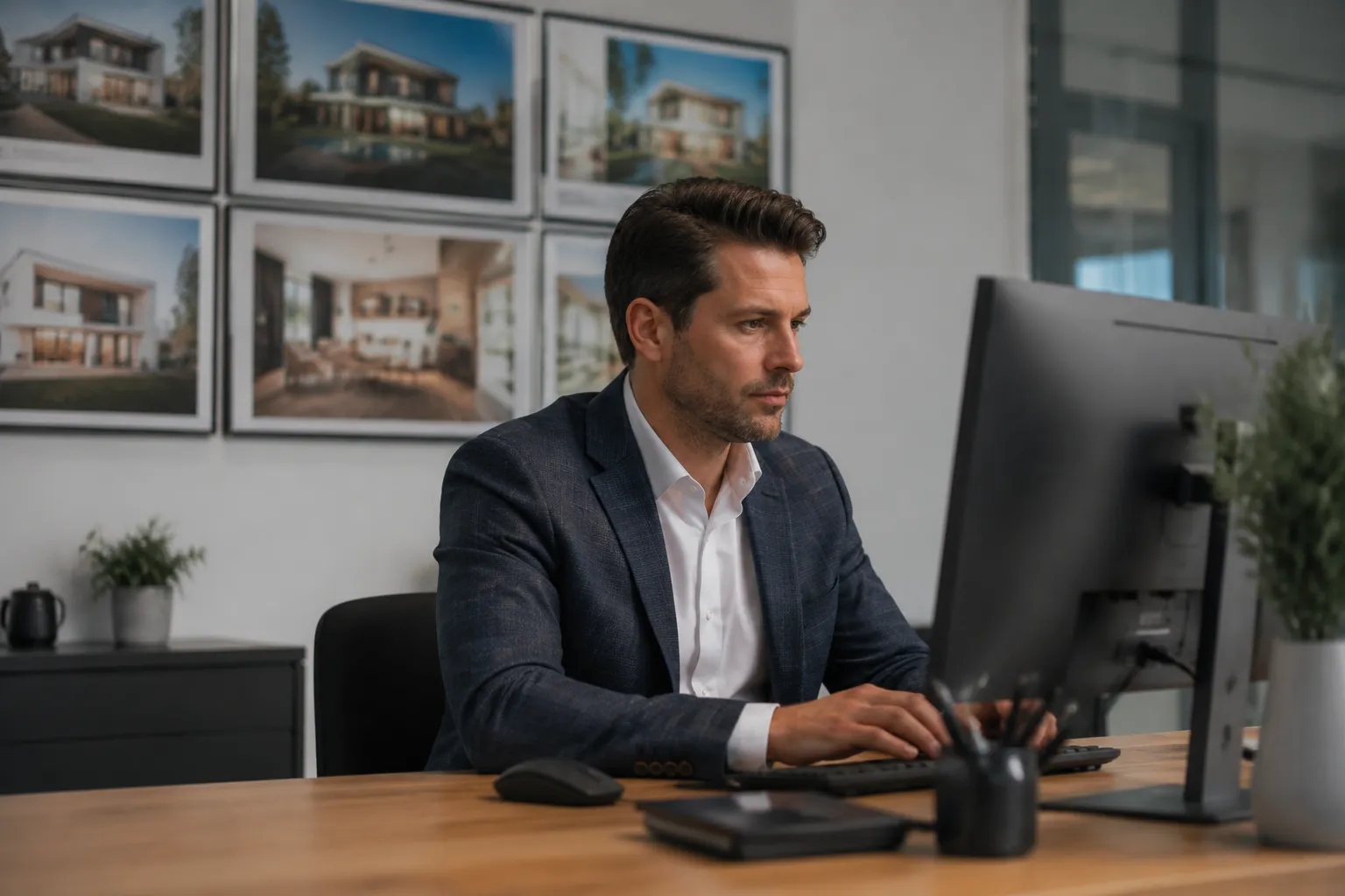 Homme d'affaires concentré travaillant sur ordinateur dans un bureau.