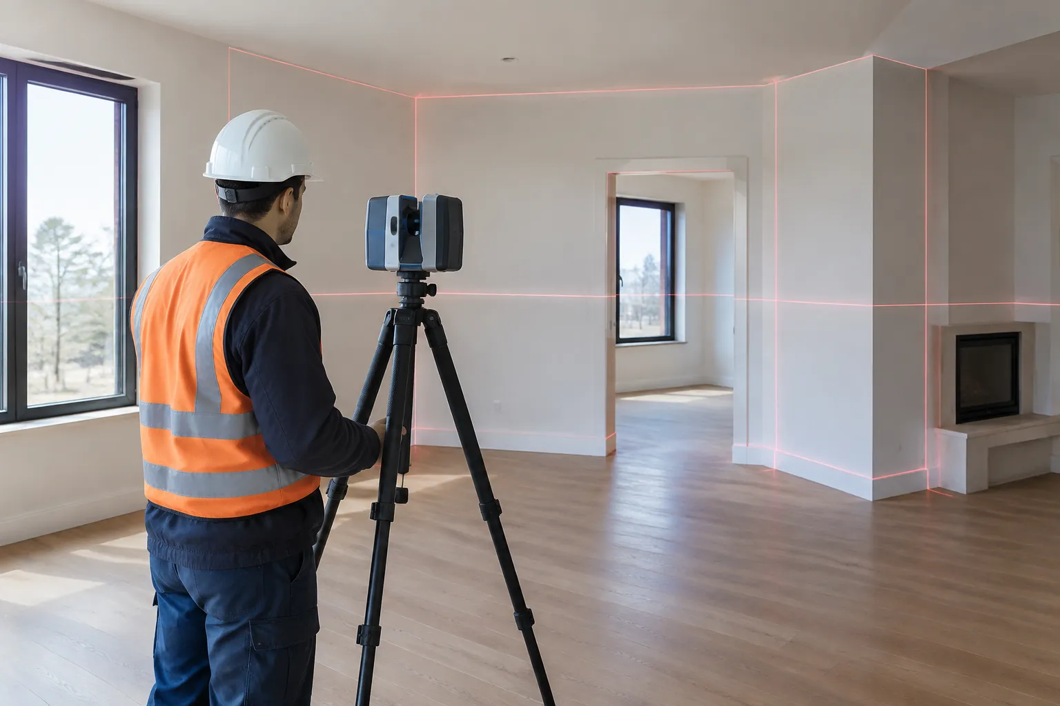Géomètre en casque utilisant un scanner laser intérieur.