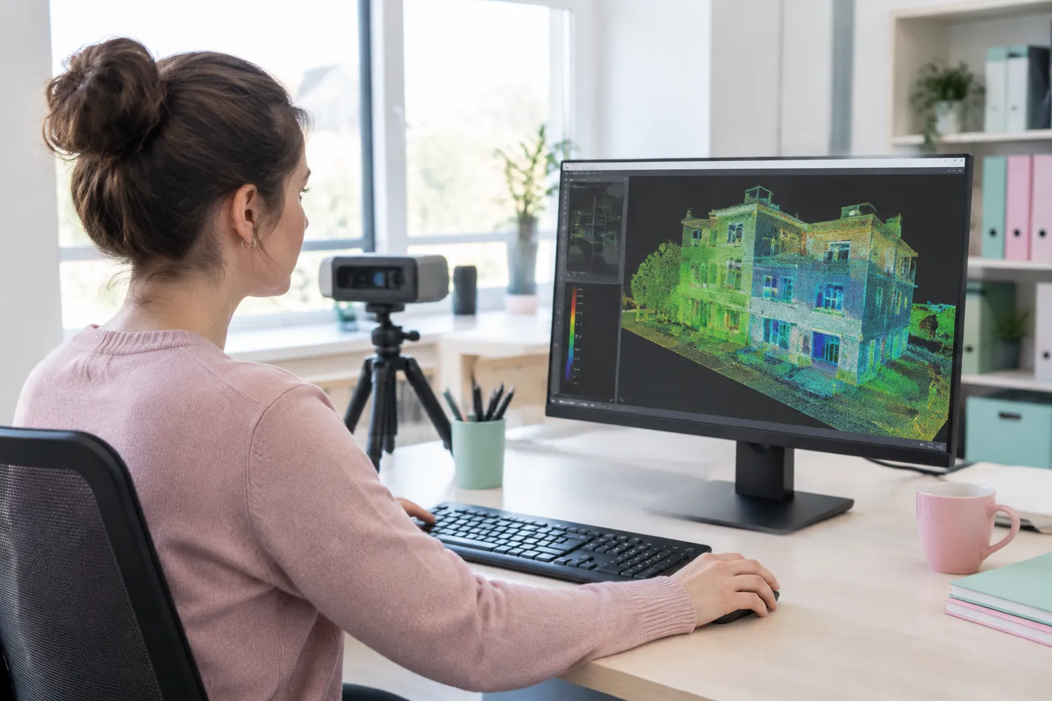 Femme modélisant un nuage de points 3D sur ordinateur