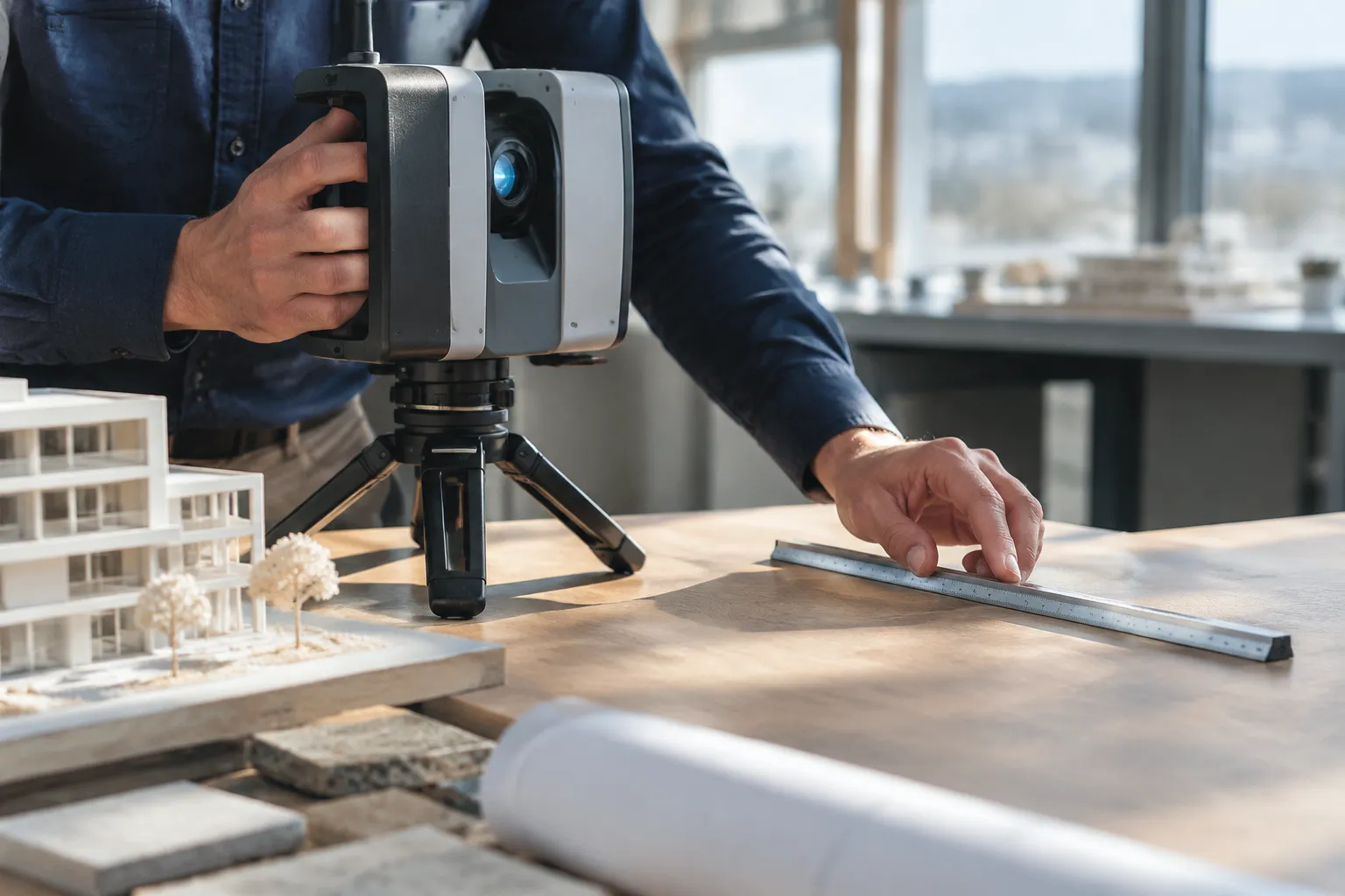 Scanner 3D sur trépied, maquette architecturale et règle d’architecte