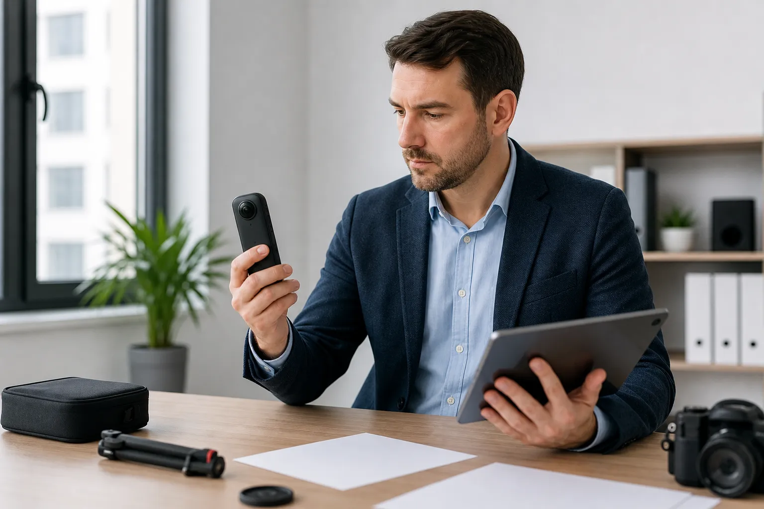 Homme d'affaires utilisant un téléphone et une tablette dans son bureau.
