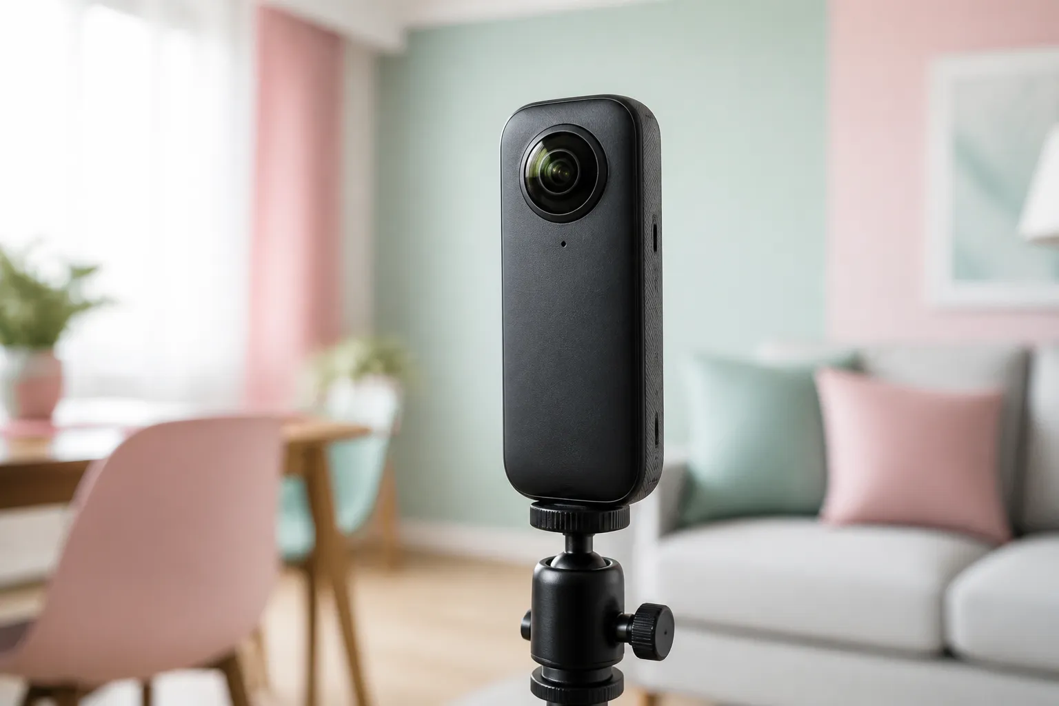 Caméra vidéo portable montée sur un trépied dans un intérieur moderne.