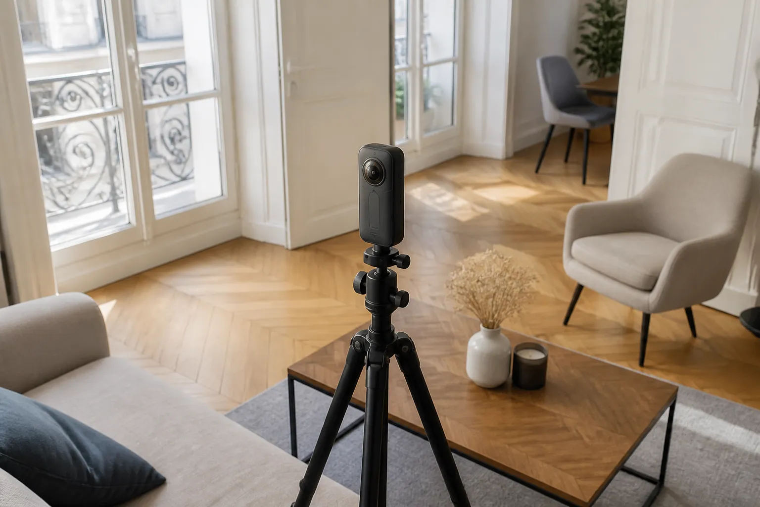 Caméra sur un trépied dans un salon élégant.