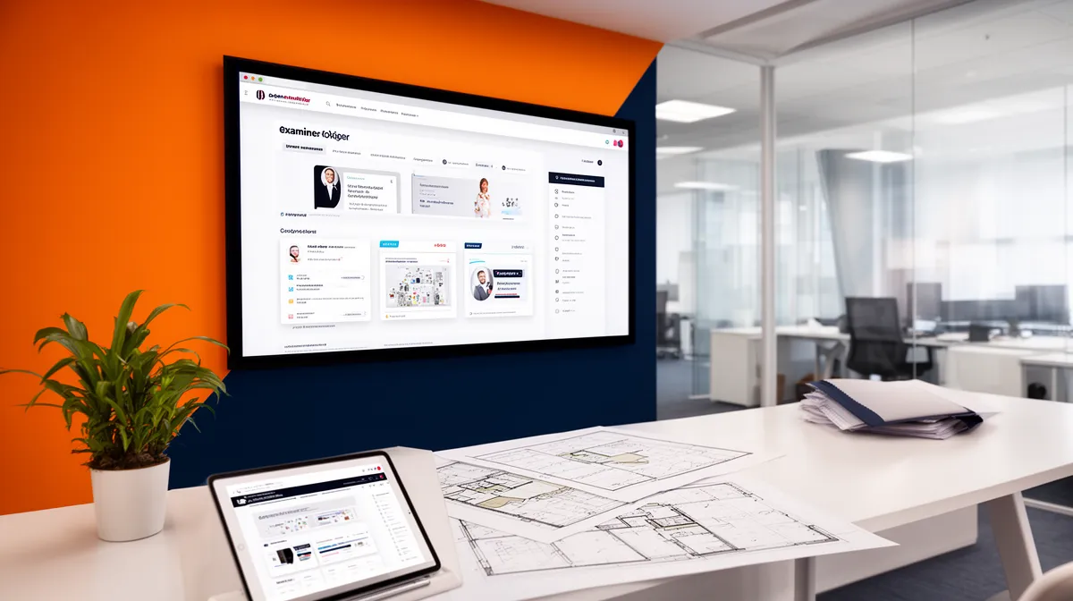 Bureau de travail avec écran d'ordinateur, plans d'architecture et plante verte.