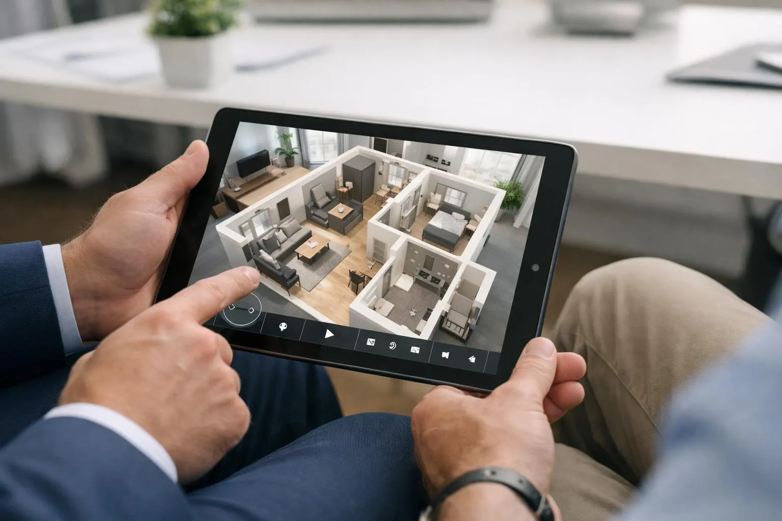 Maquette 3D d'un appartement avec pièces et mobilier.