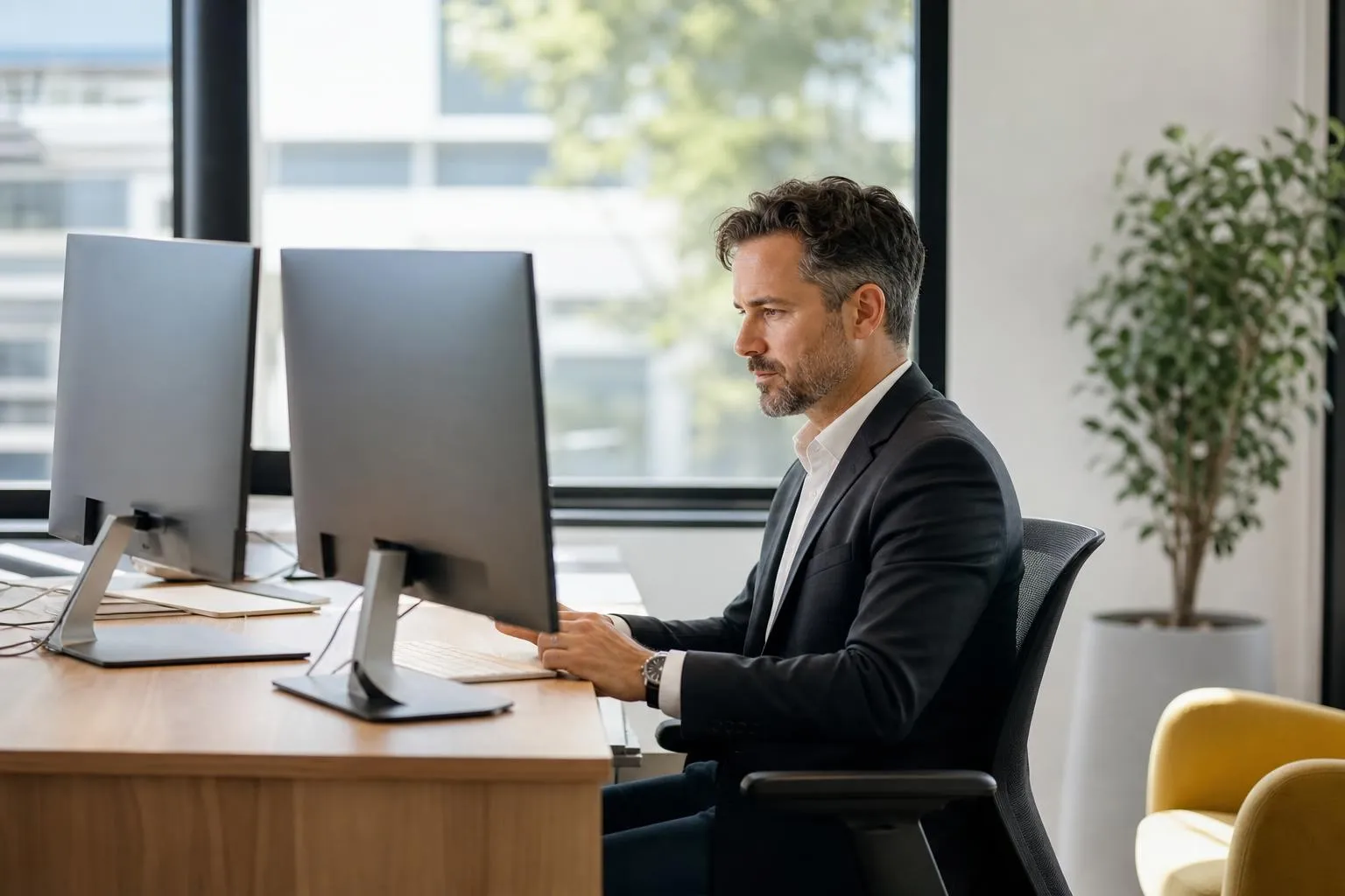 Homme d'affaires concentré travaillant sur des ordinateurs dans un bureau lumineux.
