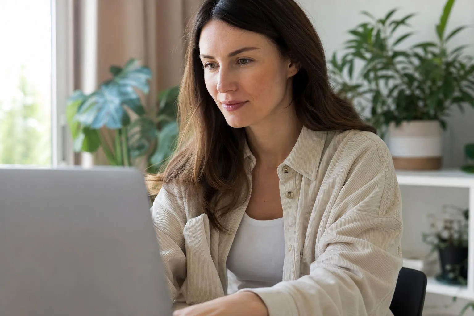 Femme brune assise devant un ordinateur portable dans un environnement de bureau.