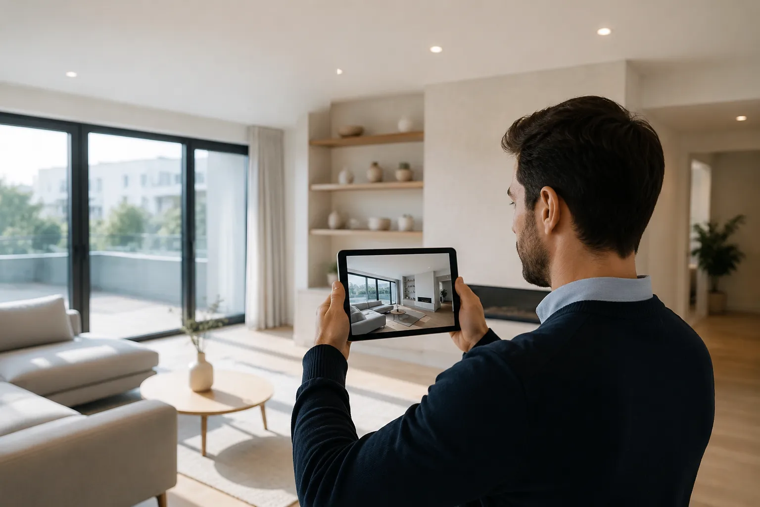 Homme tenant une tablette montrant l'intérieur d'un appartement moderne.