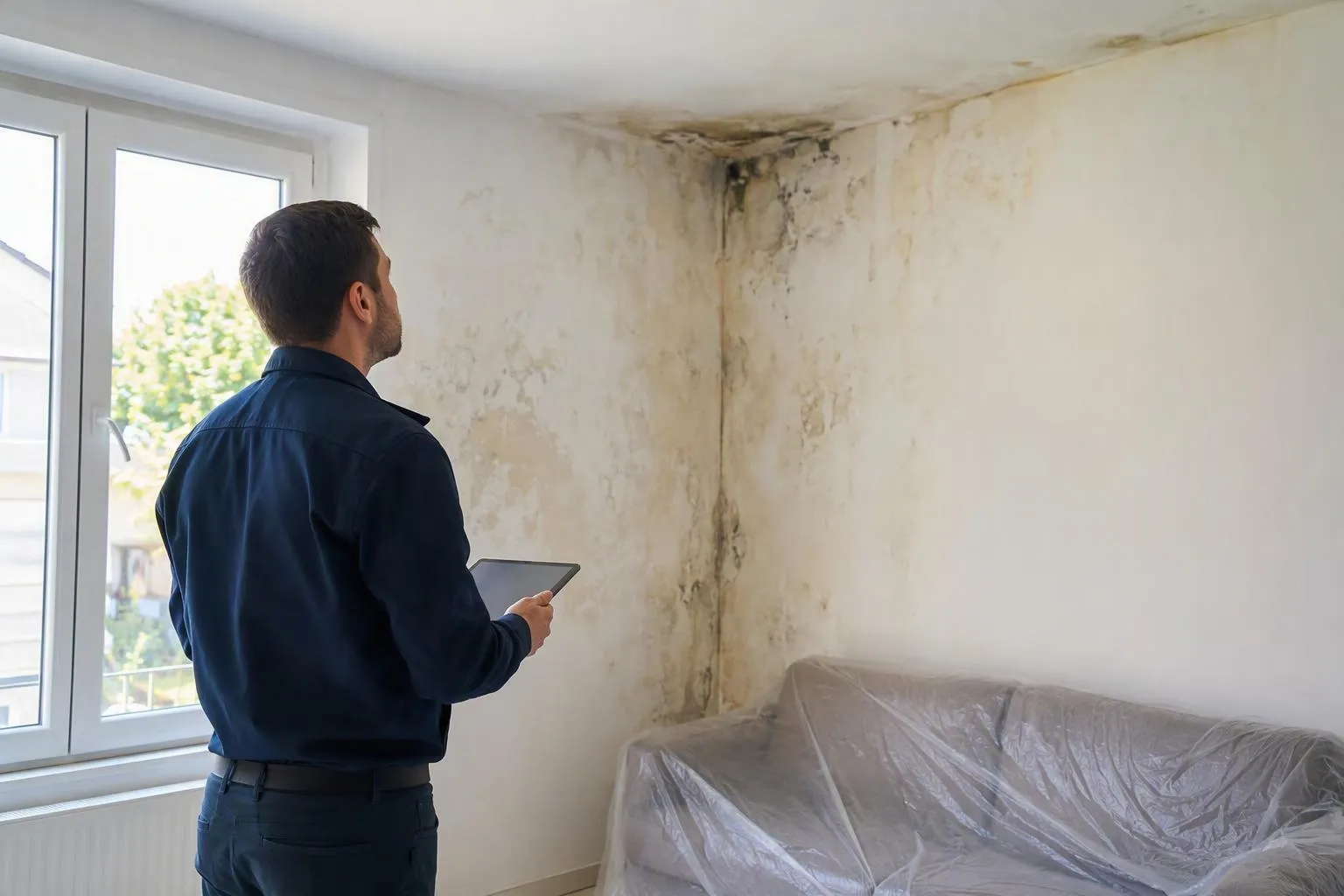Inspecteur examinant des moisissures au plafond d’une pièce endommagée.