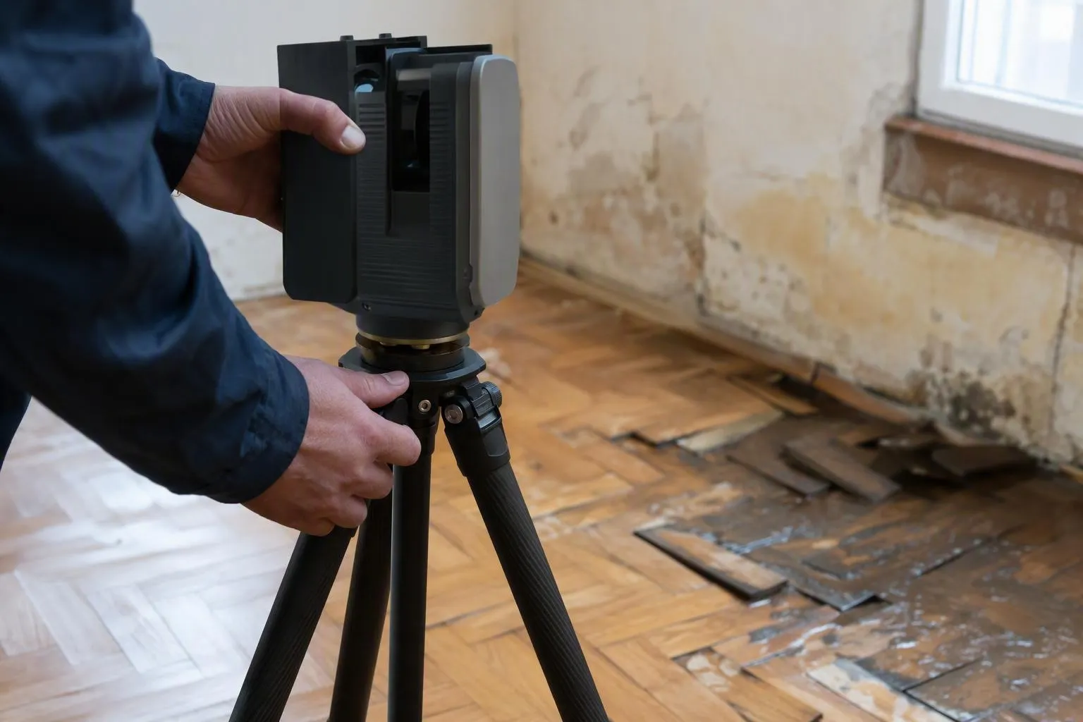 Technicien installant un scanner laser 3D sur trépied.