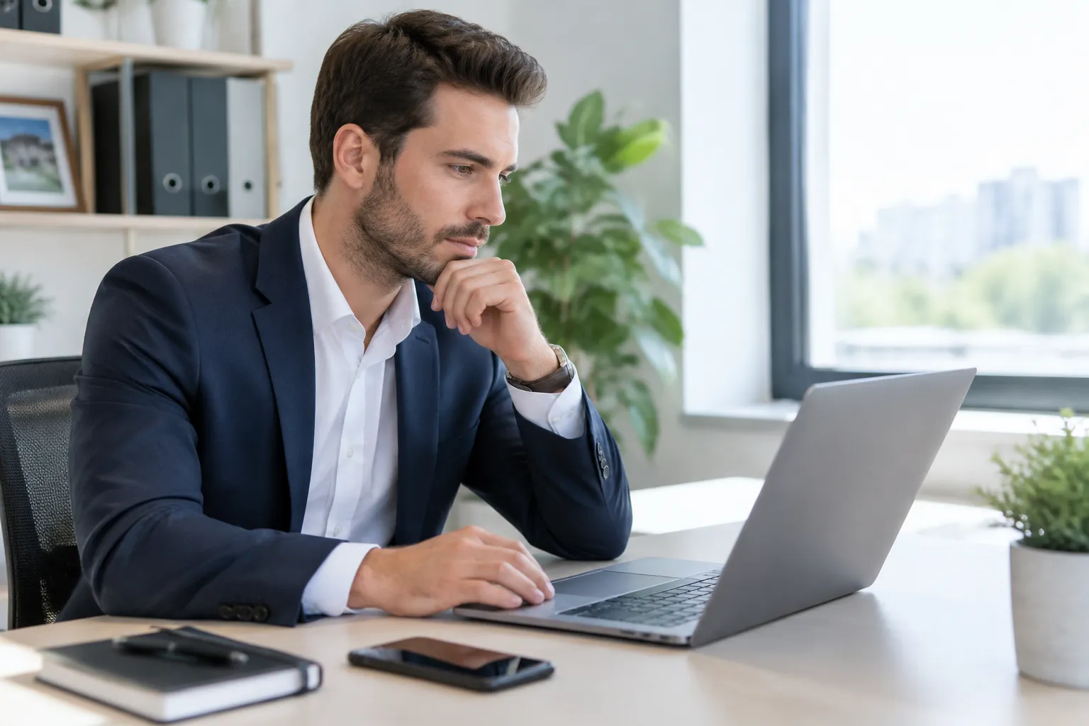 Homme d'affaires concentré travaillant sur son ordinateur portable dans un bureau.