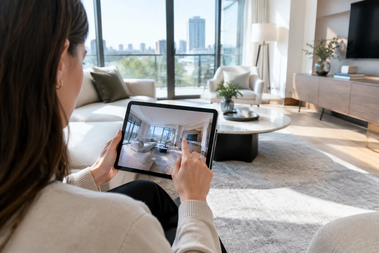 Femme utilisant une tablette pour visualiser un intérieur moderne avec vue sur la ville.