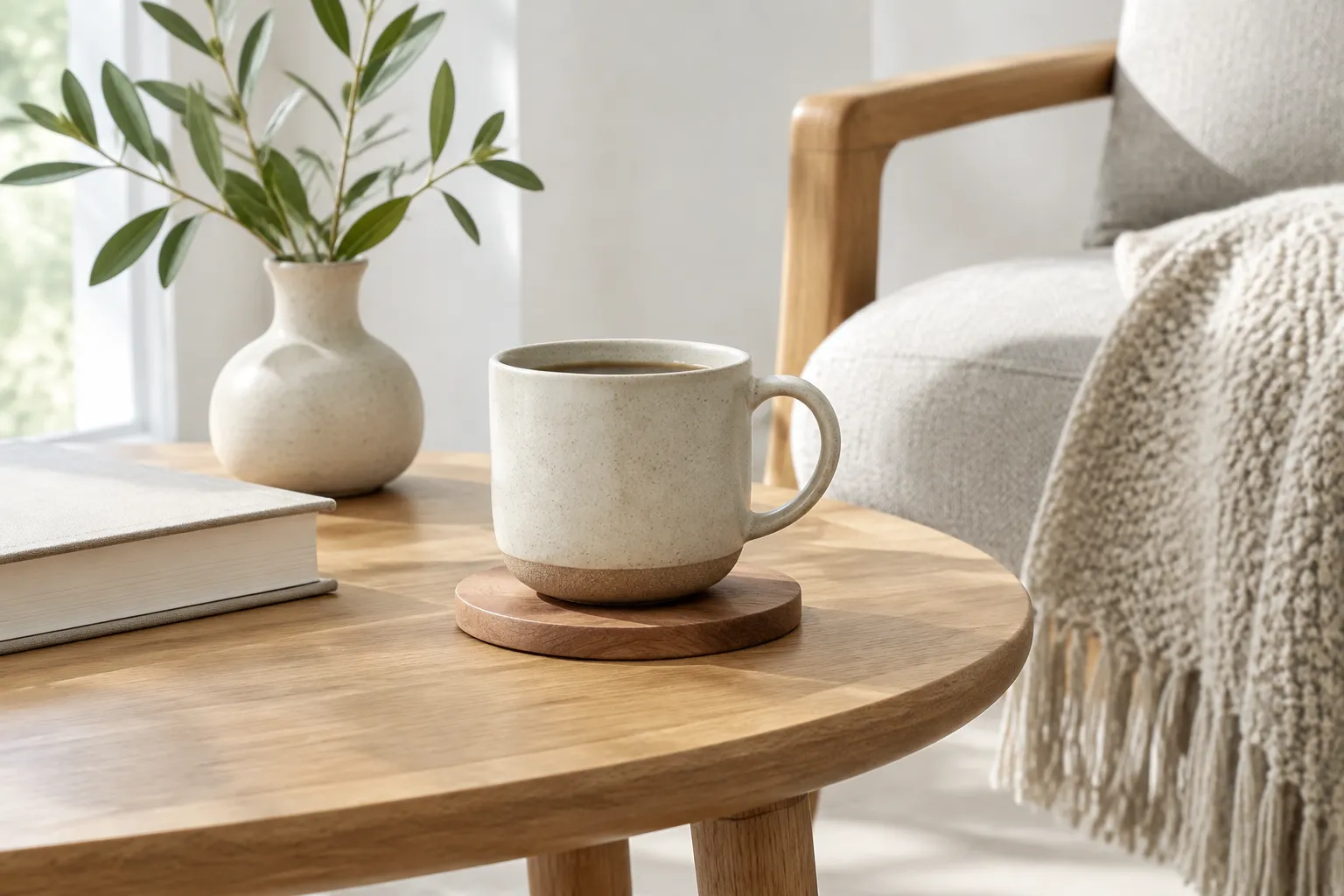 Table ronde en bois, tasse en céramique, plante verte dans un vase, coussins moelleux.