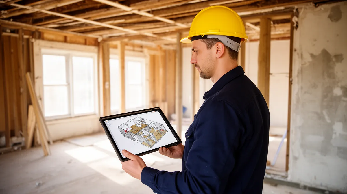 Homme en casque de chantier examinant les plans de construction sur une tablette.