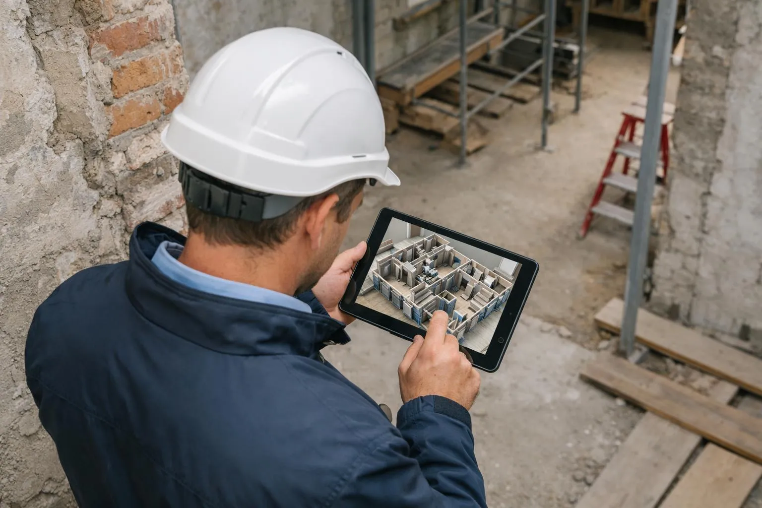 Ouvrier du bâtiment examinant un plan sur une tablette numérique sur un chantier.