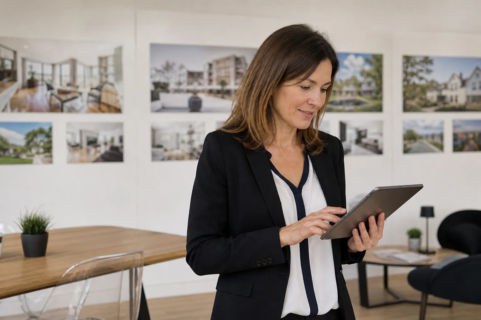 Femme d'affaires utilisant une tablette dans un bureau moderne.