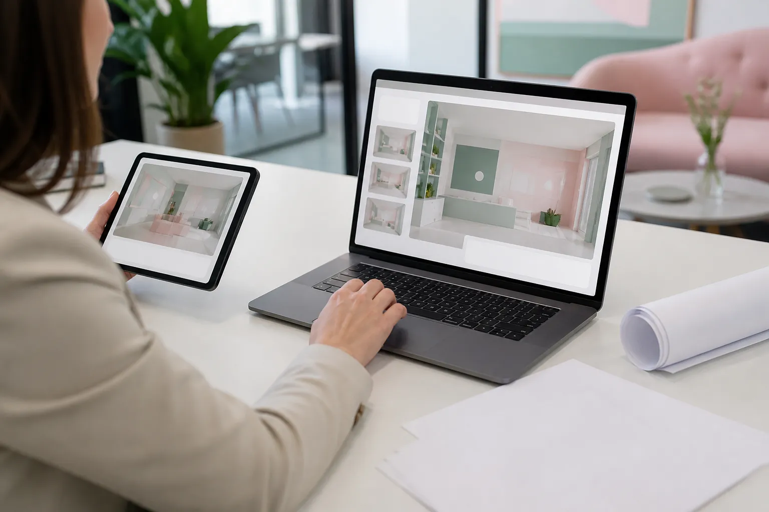 Femme utilisant un ordinateur portable et une tablette pour visualiser un design d'intérieur.