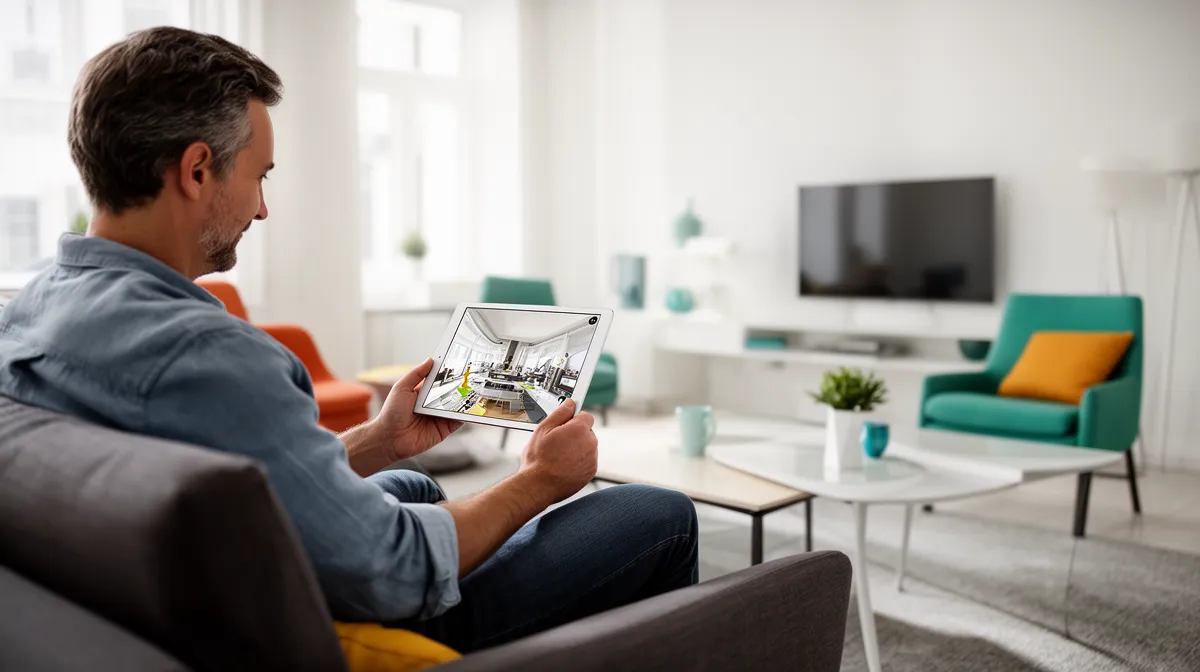 Homme utilisant une tablette pour visualiser un design d'intérieur.
