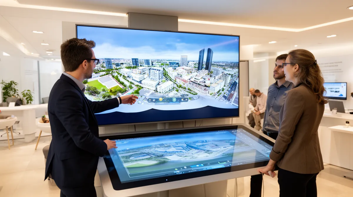 Deux personnes examinant une maquette interactive d'une ville moderne sur un grand écran.