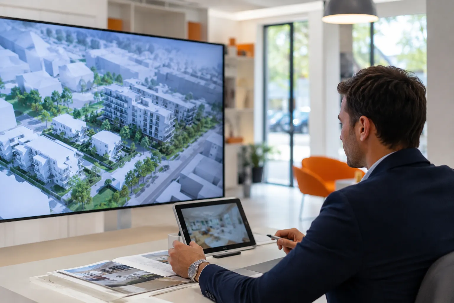 Architecte examinant un projet immobilier sur écran géant.