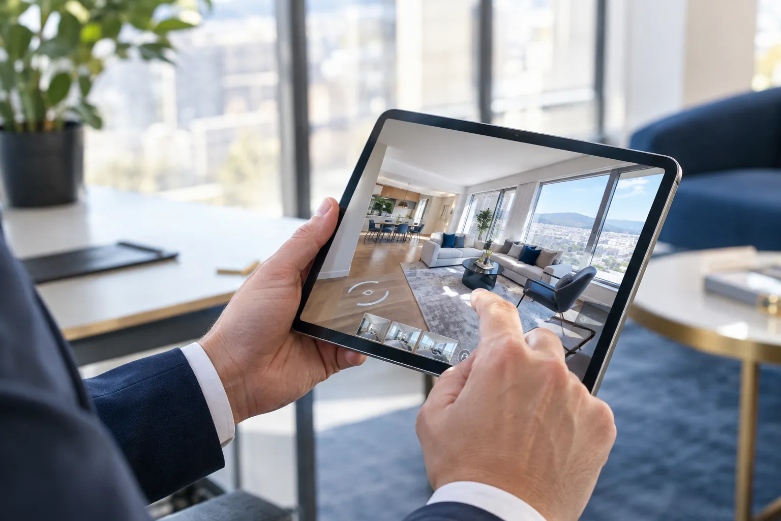 Homme en costume explorant un appartement virtuel sur tablette
