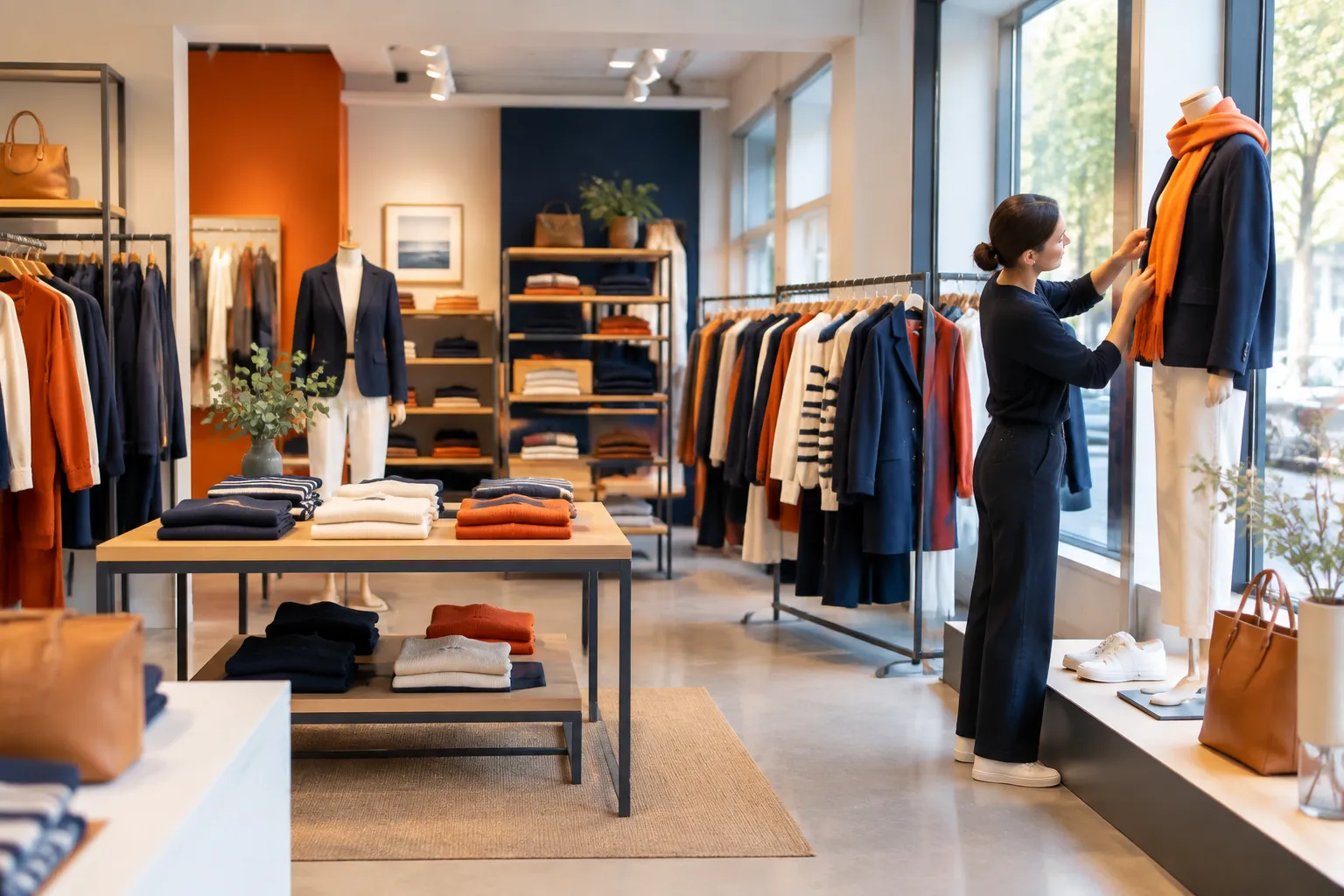 Boutique de vêtements élégante avec vendeuse ajustant une écharpe orange.