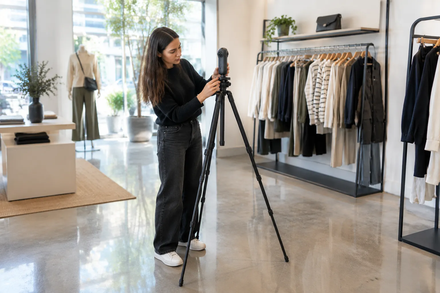 Femme réglant une caméra sur trépied dans une boutique de vêtements