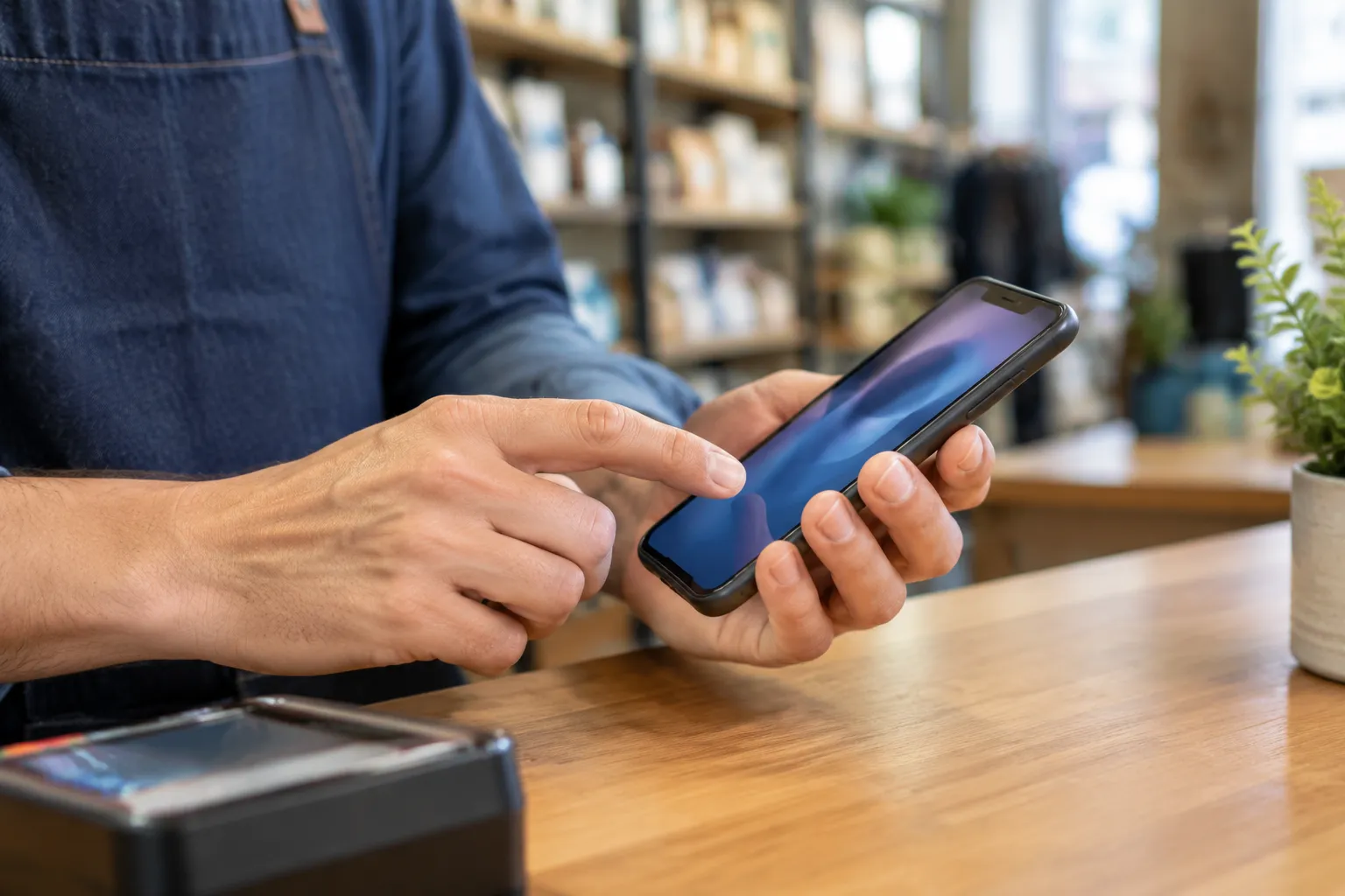 Client utilisant un smartphone près d’un terminal de paiement 񟿿