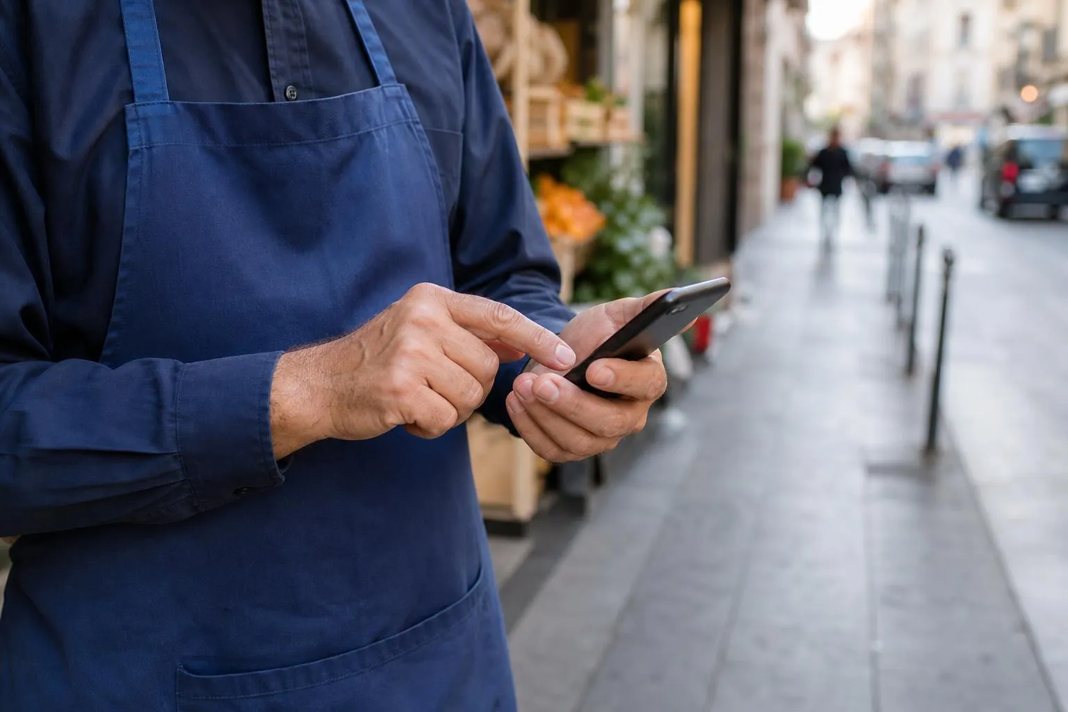 Homme en bleu utilisant un téléphone portable dans une rue.