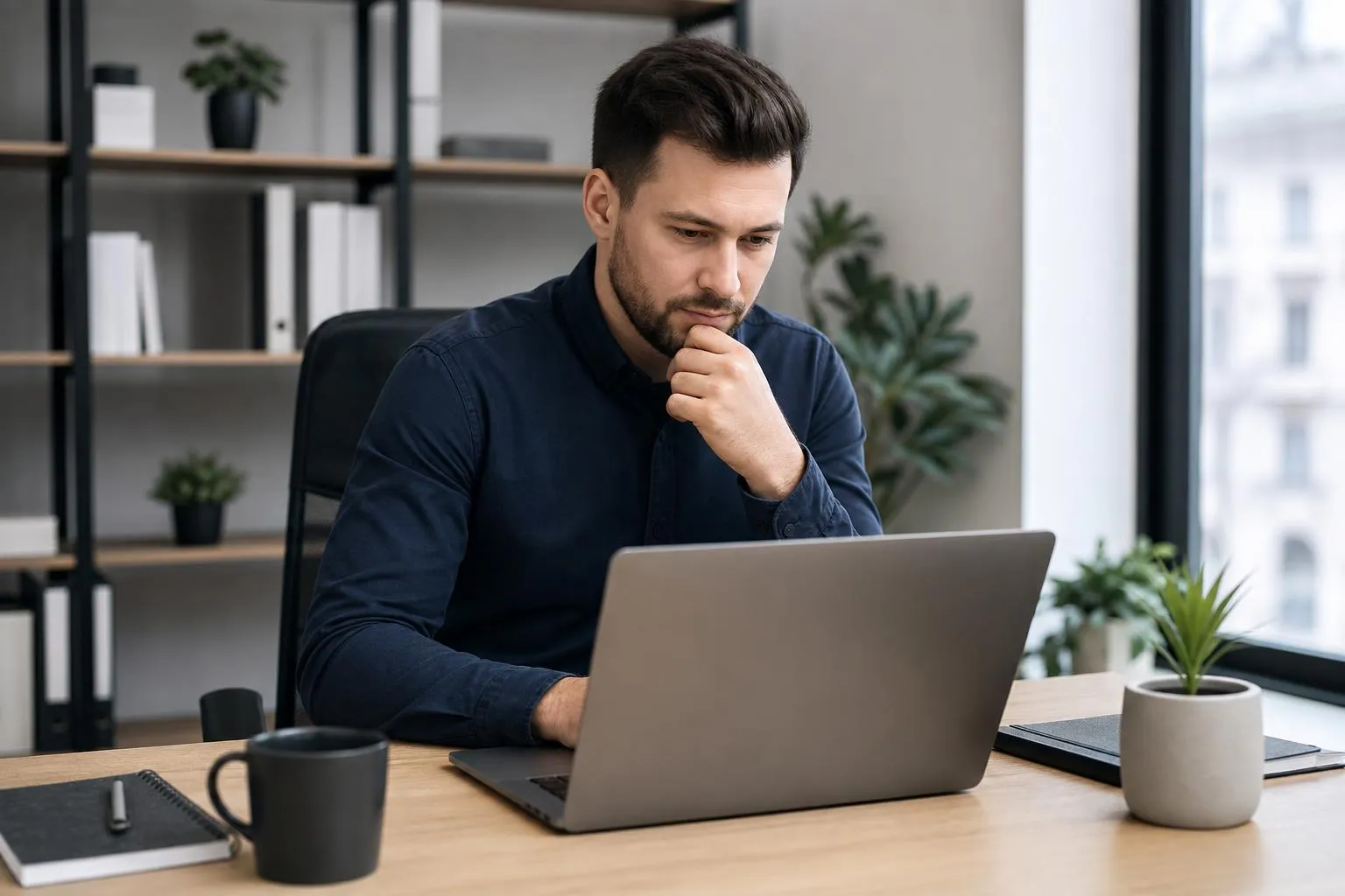 Homme d'affaires réfléchissant devant un ordinateur portable dans un bureau moderne.