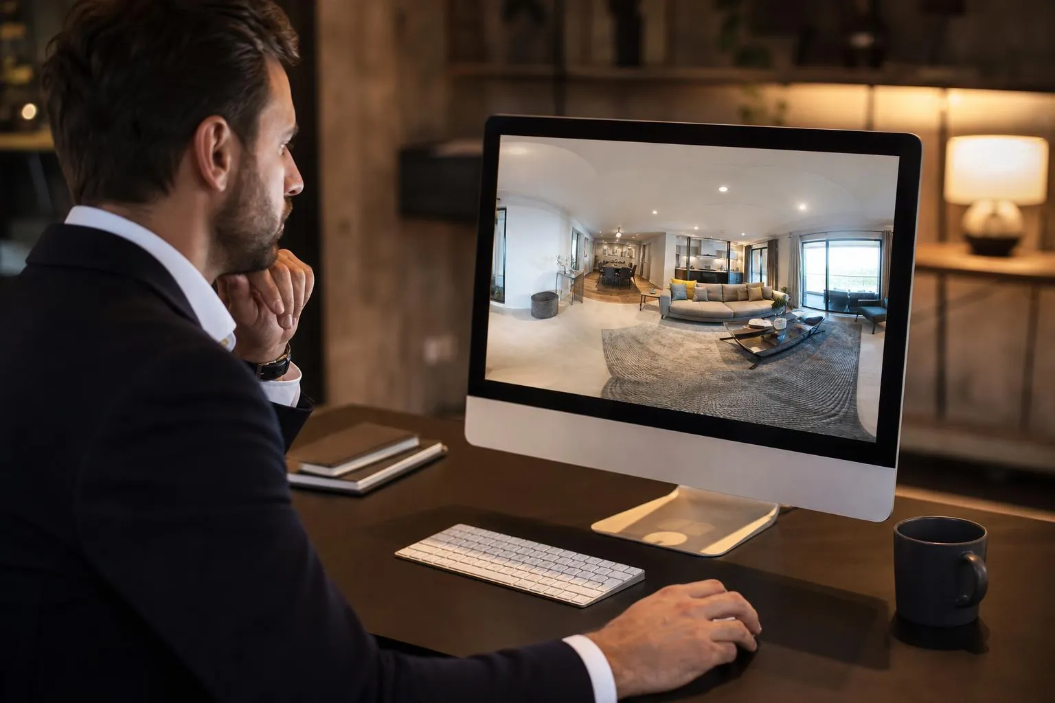 Homme d'affaires examinant une image d'un intérieur de luxe sur un ordinateur.