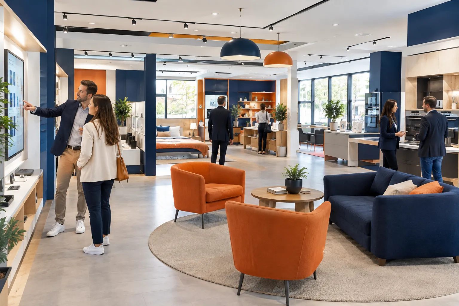 Showroom moderne de mobilier, clients et espaces cuisine-salon.