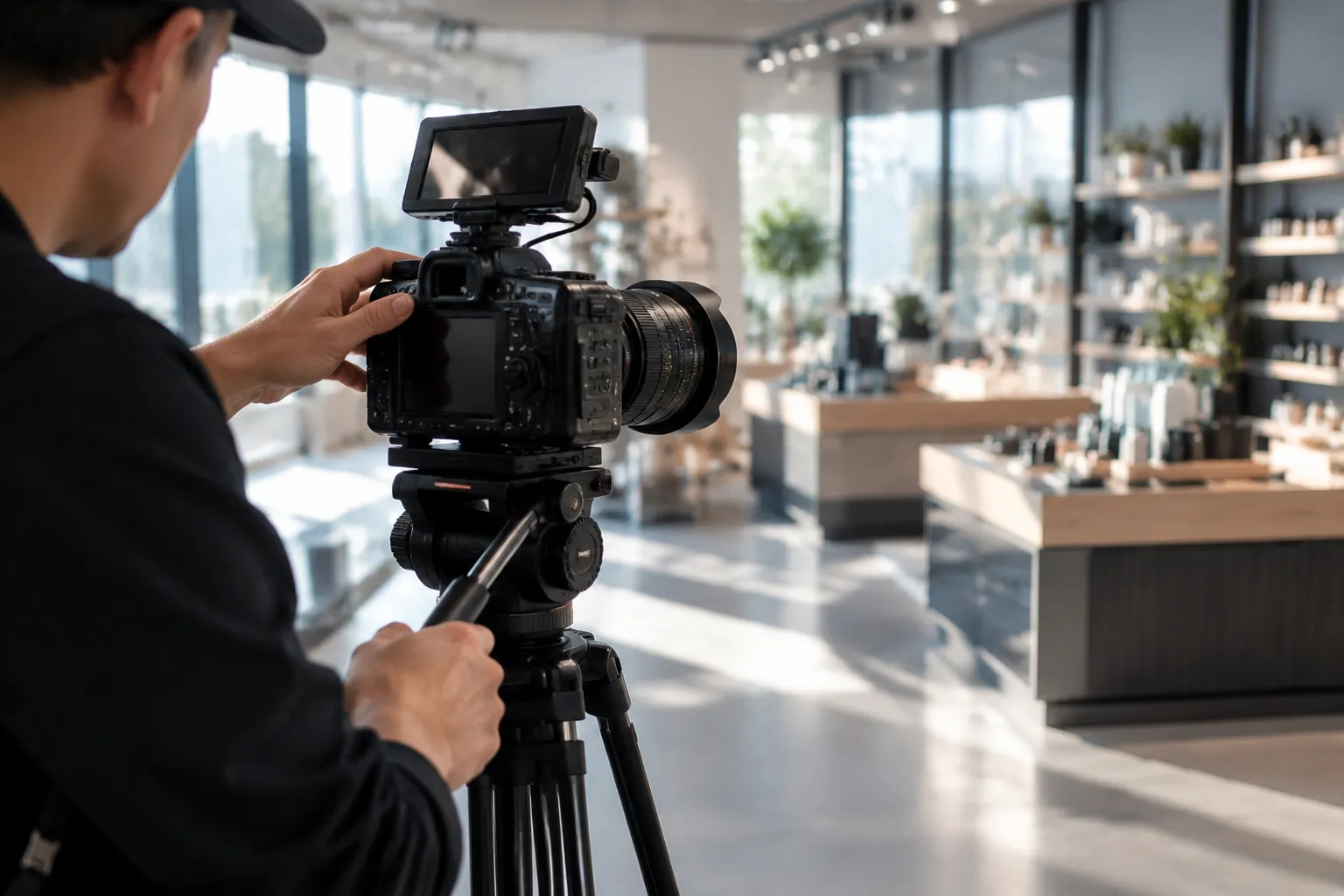 Vidéaste filmant une boutique moderne avec caméra sur trépied