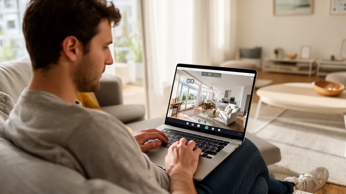 Homme sur un ordinateur portable visualisant une image d'un intérieur de maison.