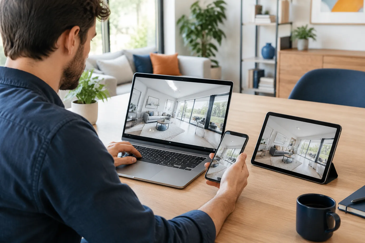 Homme visualisant une visite immobilière sur ordinateur, tablette et smartphone.