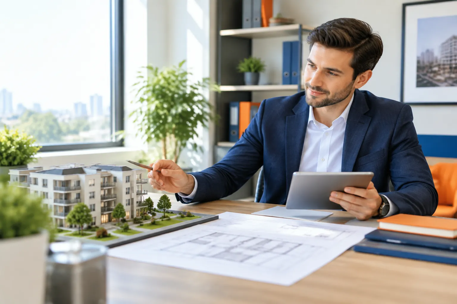 Promoteur immobilier présentant une maquette résidentielle avec tablette numérique
