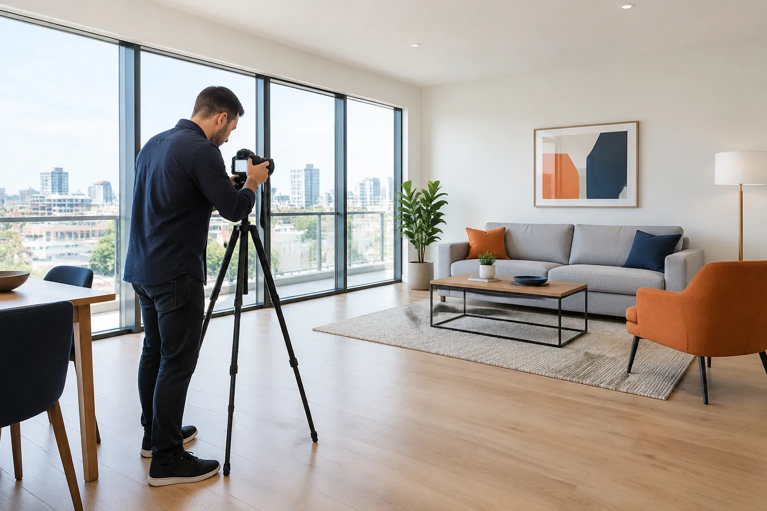 Photographe immobilier filmant un salon moderne avec vue urbaine.