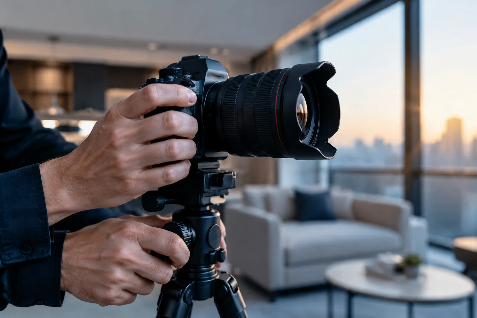 Photographe réglant un appareil reflex monté sur trépied intérieur panoramique